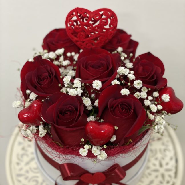 Virágbox 7 szál rózsából RED HEART